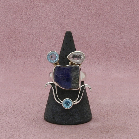 sterling silver elongated topaz & aquamarine ring size 7.5