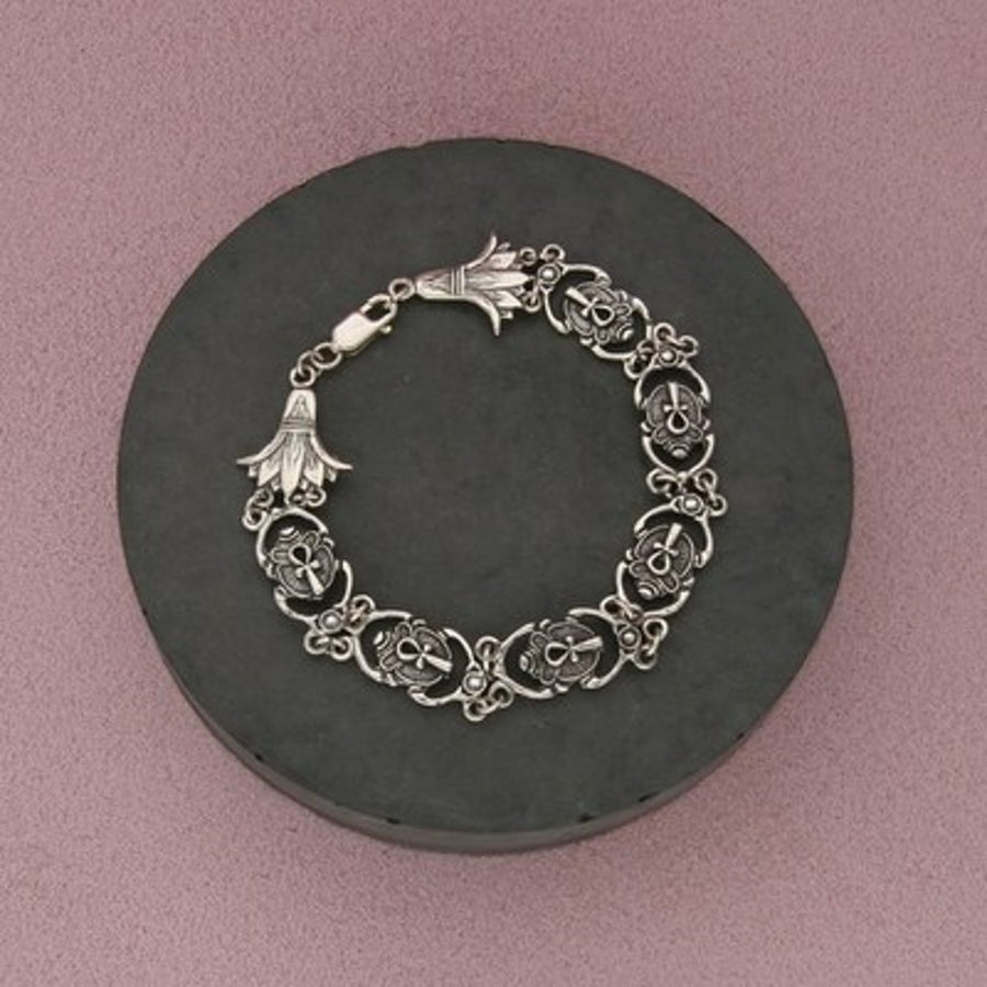 Sterling Silver Vintage Egyptian Ankh Lotus Link Bracelet Size 7.25in