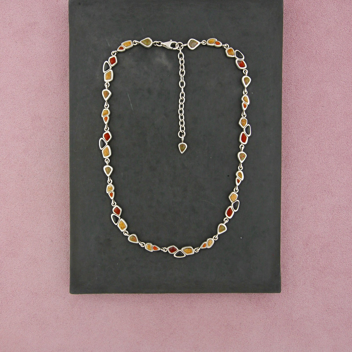 Sterling Silver Onyx Coral & Unakite Bezel Link Necklace Size 16.5-19in
