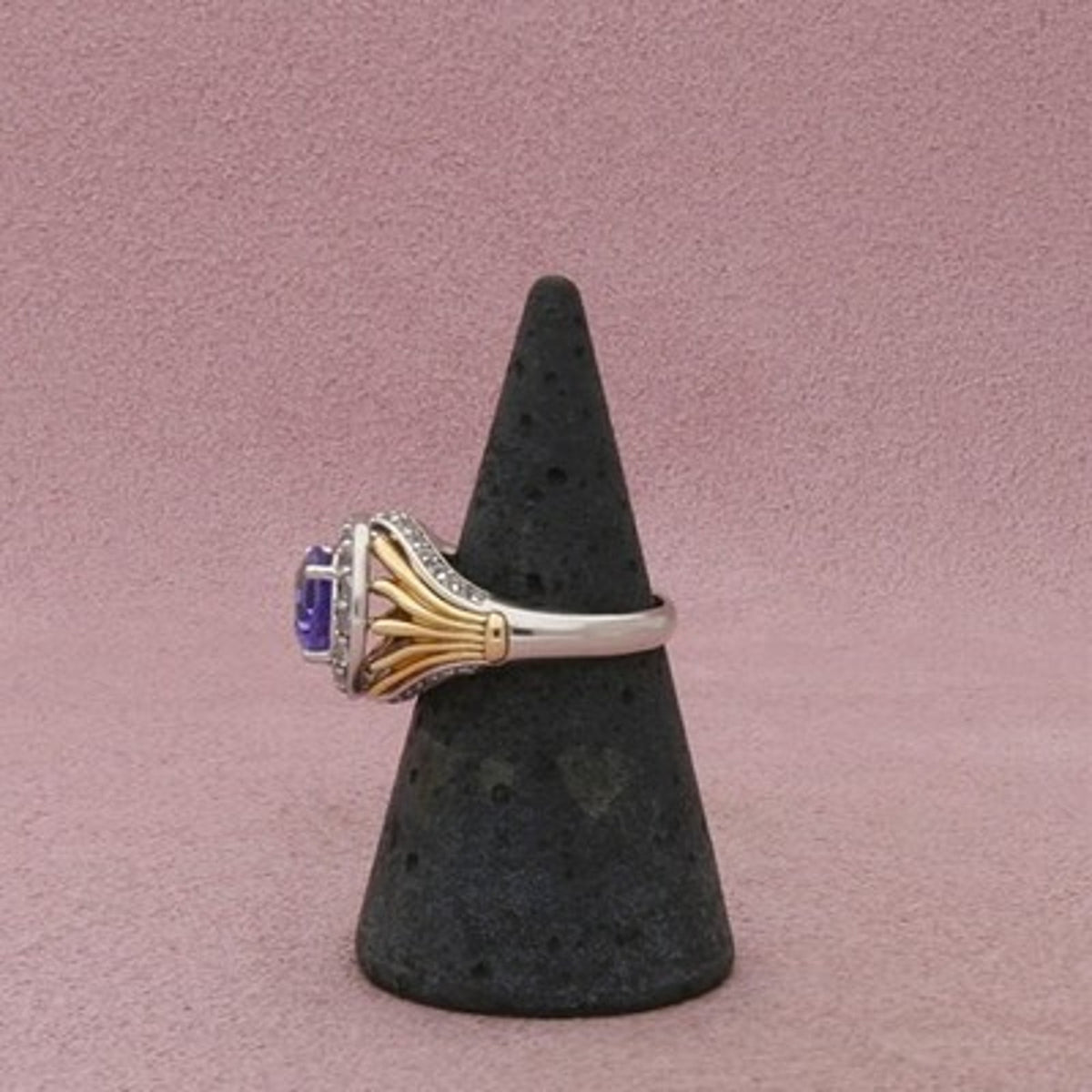 Sterling Silver Tanzanite & White Topaz Two-Tone Halo Split Shank Ring Size 6
