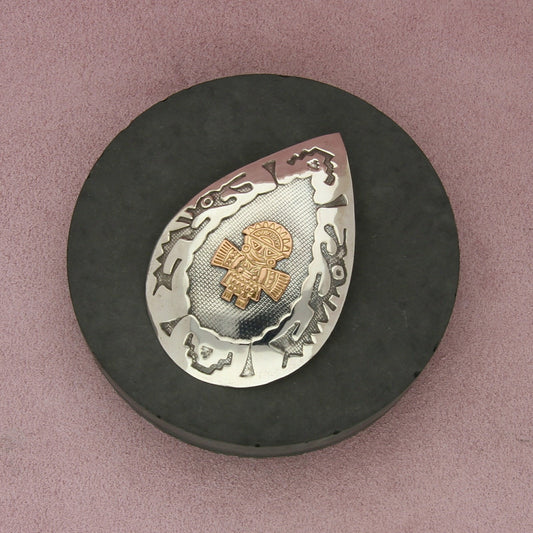 sterling silver & 18k gold peruvian incan tear drop pendant brooch