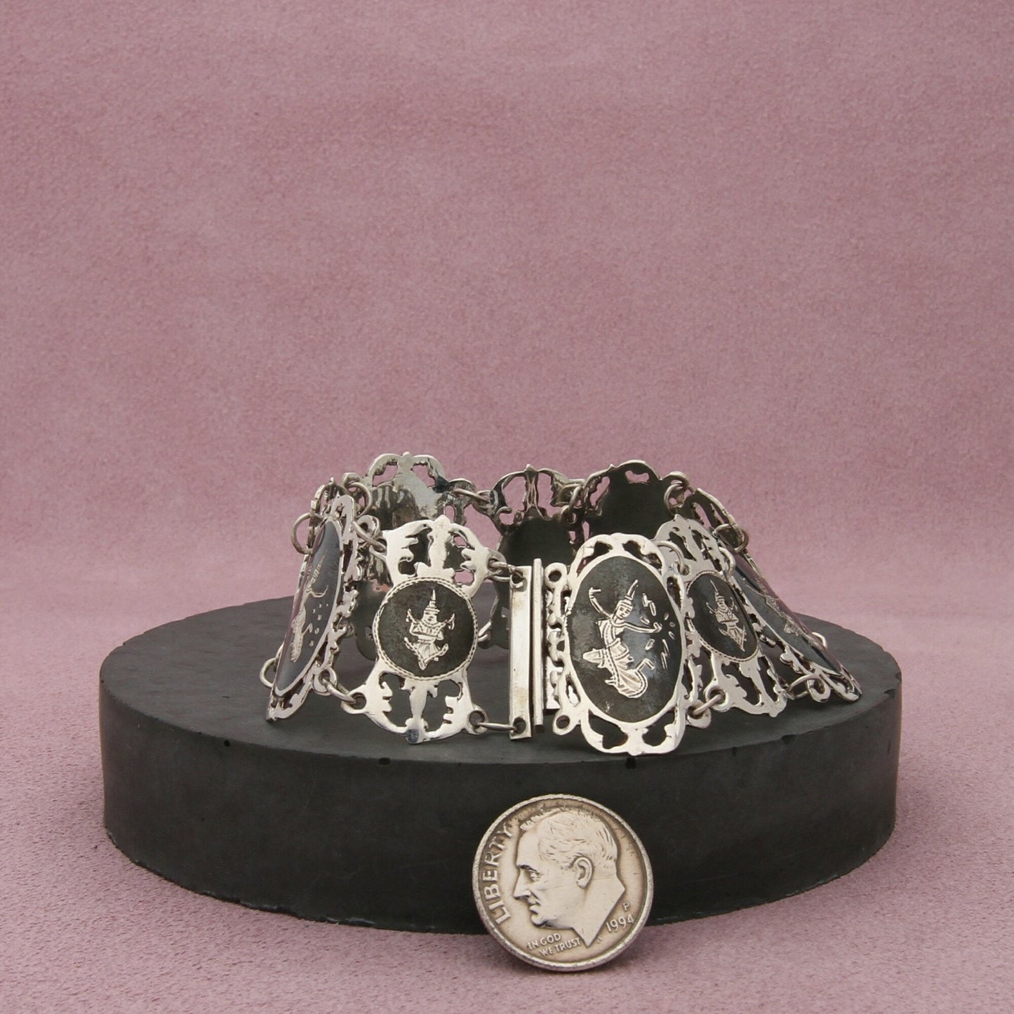 sterling silver vintage siam nielloware mekkala panel bracelet size 6.75in