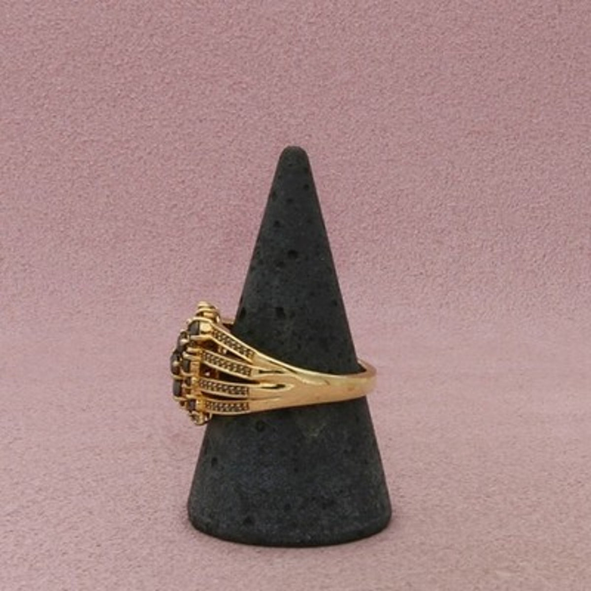 Sterling Silver Gold Plate Black Diamond Multi Row Cluster Ring Size 9.5