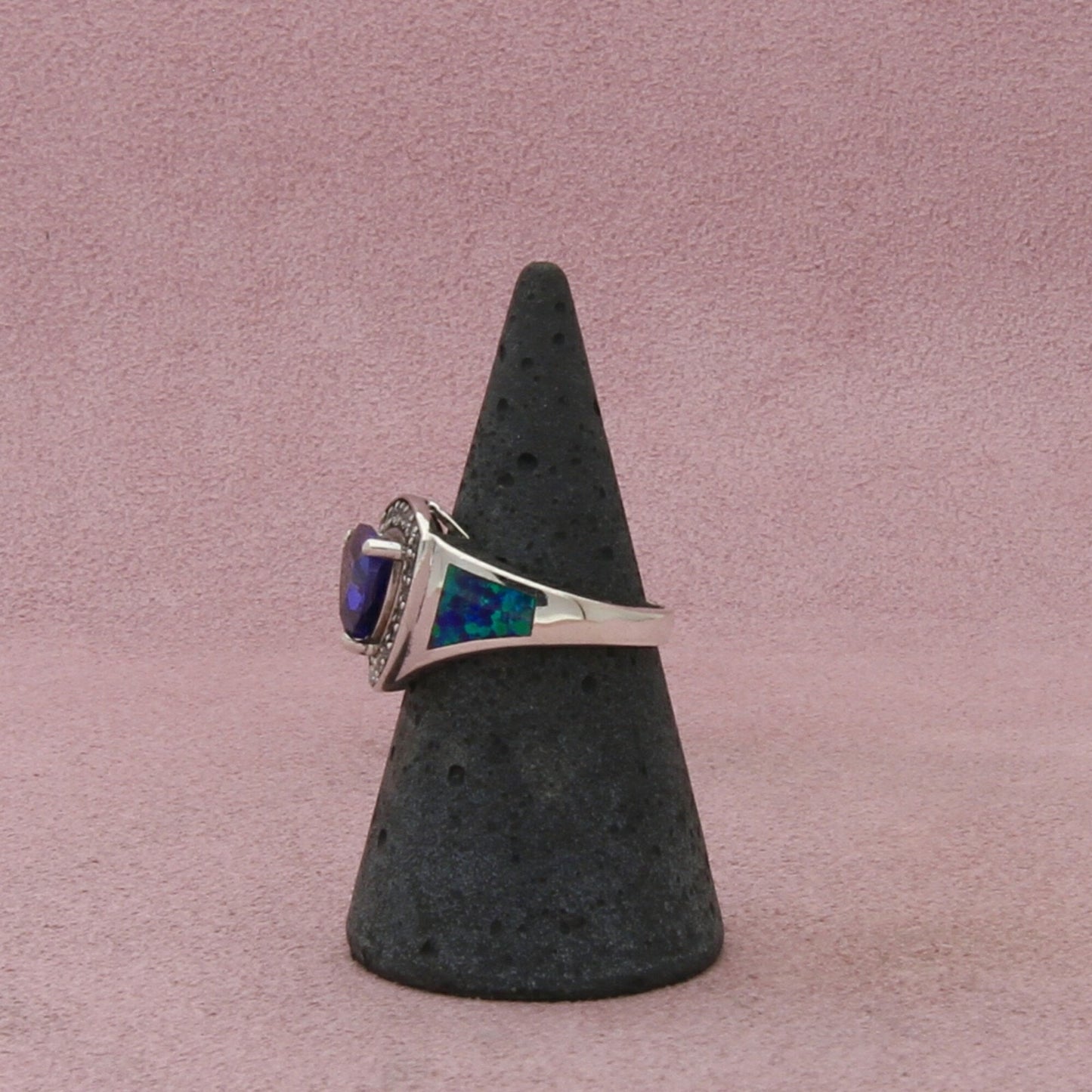 sterling silver fire opal tanzanite & cz ring size 6