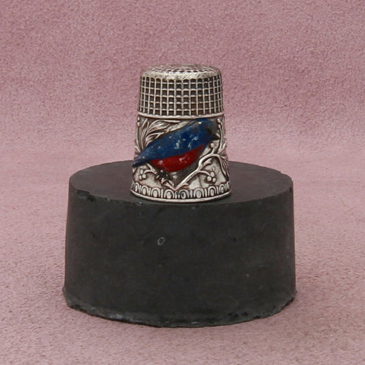 sterling silver vintage hand-painted blue bird sewing thimble