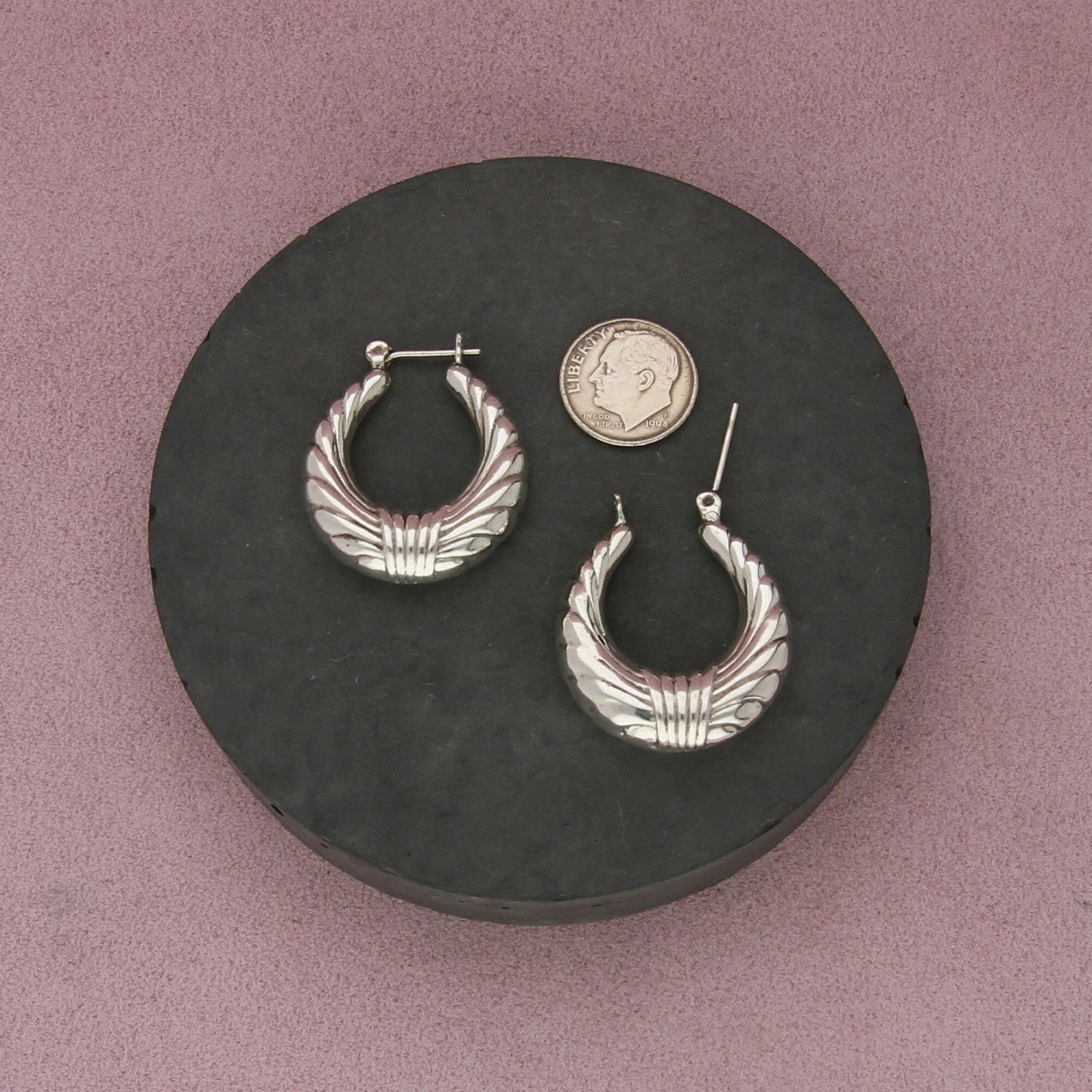 sterling silver vintage puffy scalloped snap-post hoop earrings