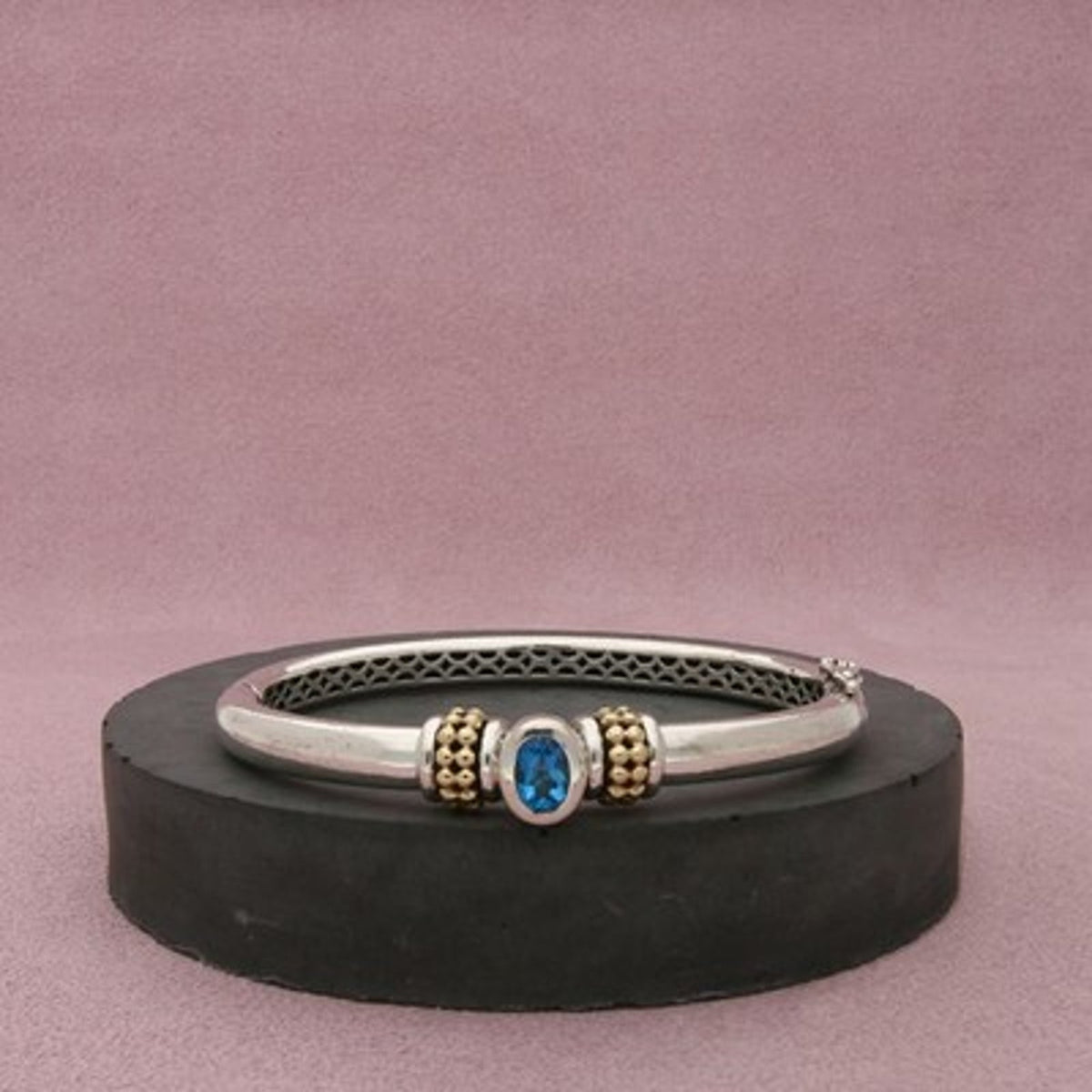 Sadye Vassir Sterling Silver & 14K Gold Topaz Hinged Bangle Bracelet Size 6.5in