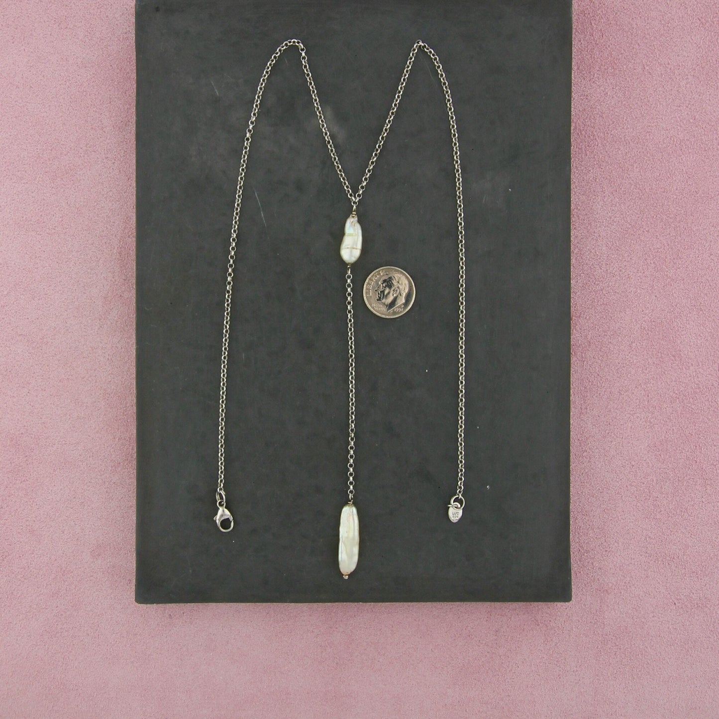 sterling silver biwa pearl lariat necklace size 18in