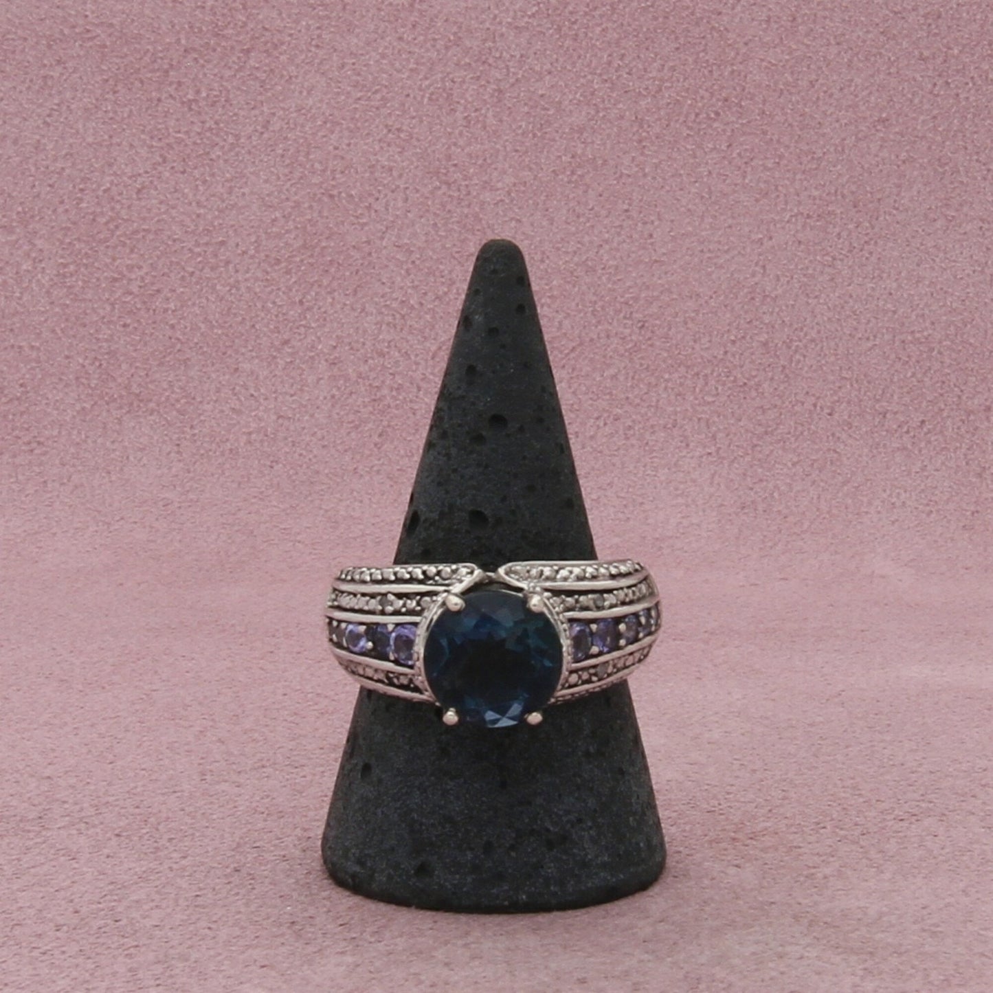 sterling silver round-cut blue spinel & cz ring size 9.75