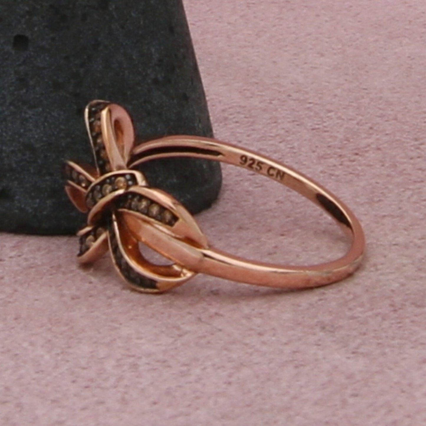 sterling silver rose gold plate cz ribbon bow ring size 8