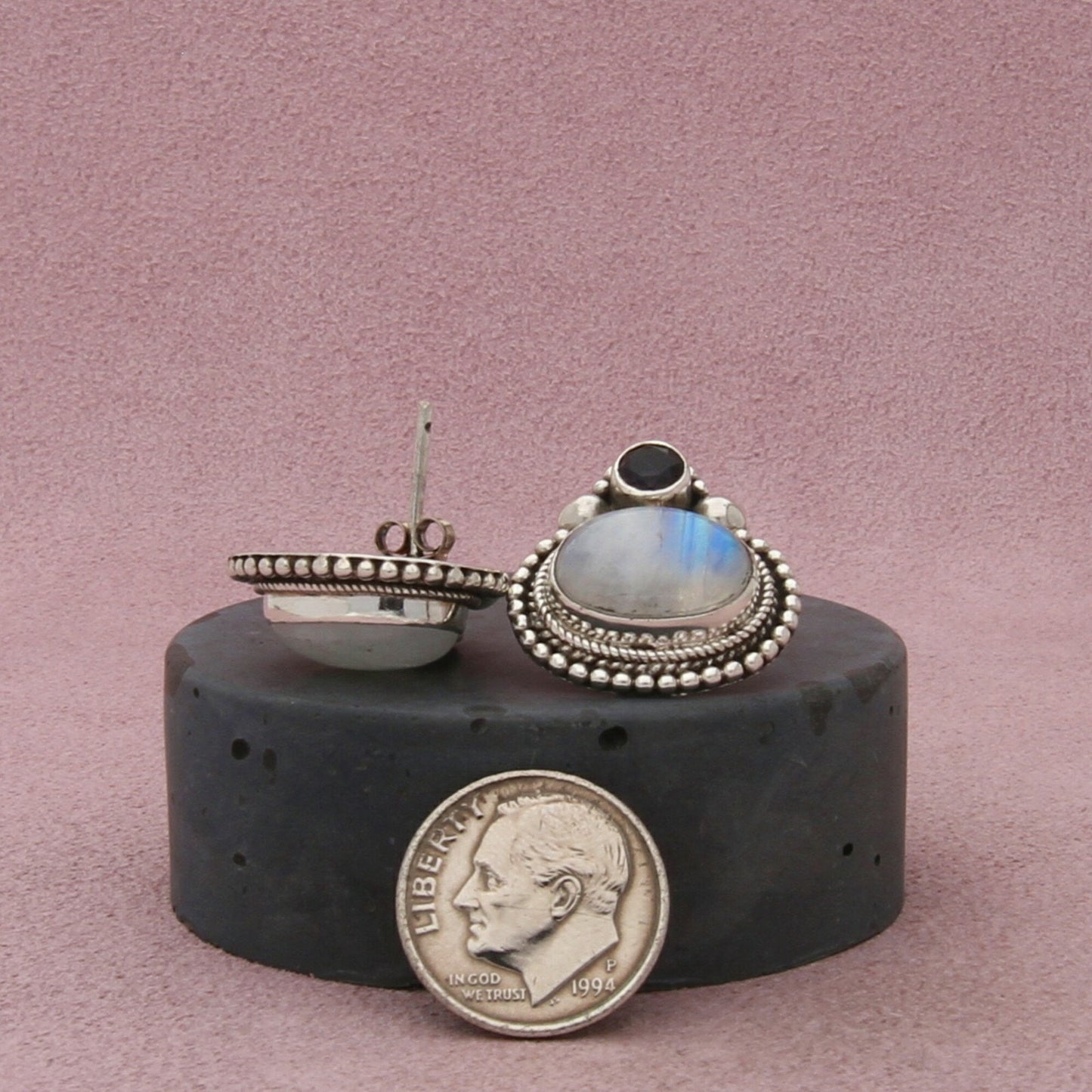 sterling silver bali beaded moonstone & amethyst post earrings