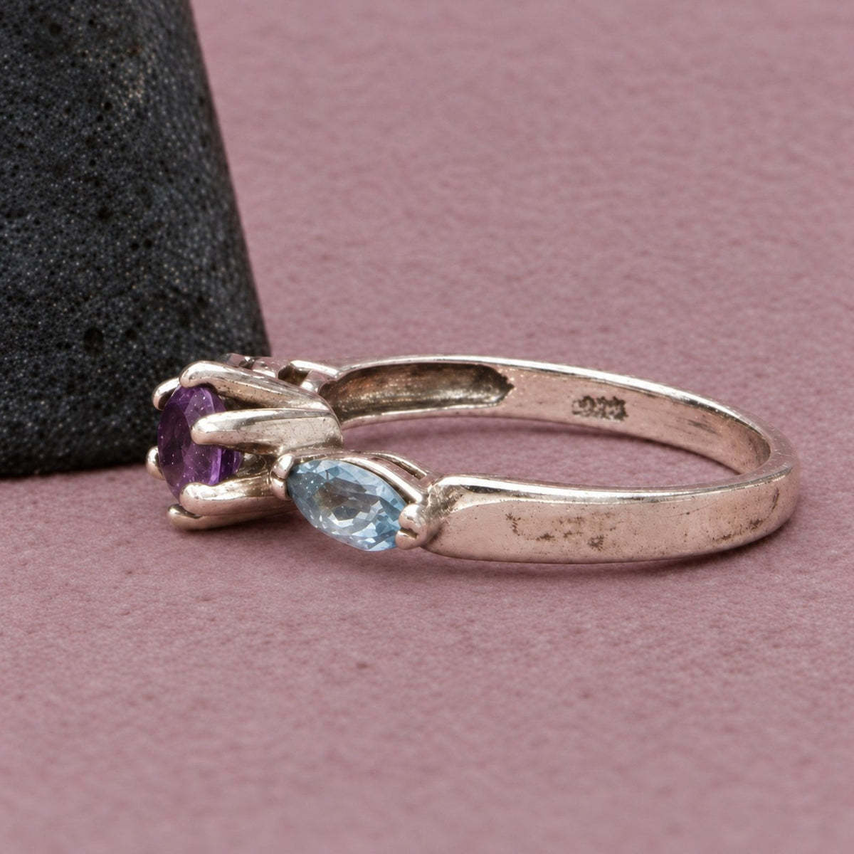 Sterling Silver Amethyst & Blue Topaz Three Stone Ring Size 6.75