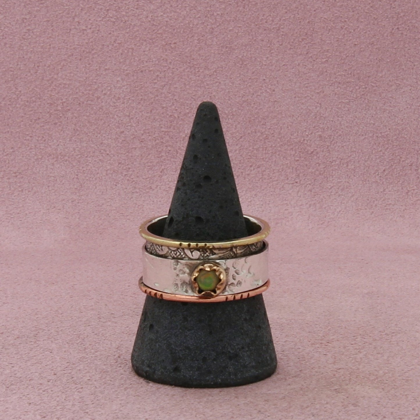 sterling silver brass & copper accent opal spinner 11mm band ring size 10.5