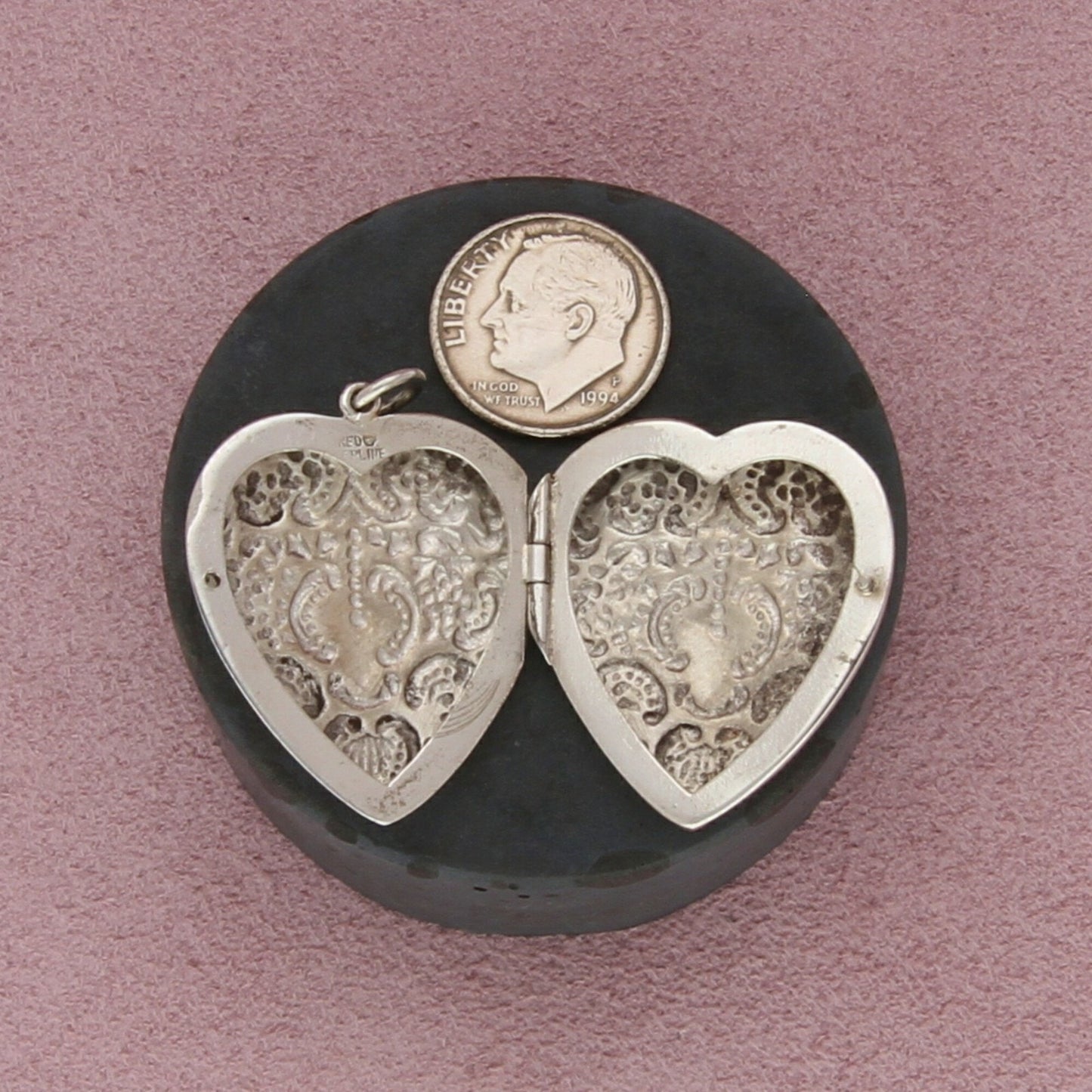 sterling silver vintage repousse floral heart locket (opens) pendant