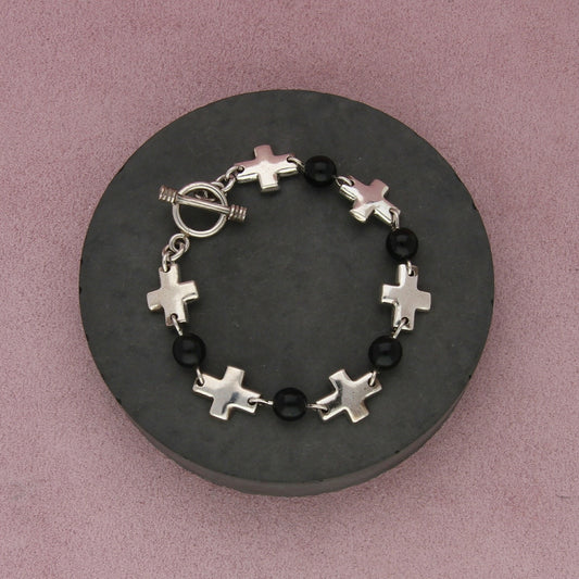 sterling silver cross & onyx bead toggle bracelet size 6.75in