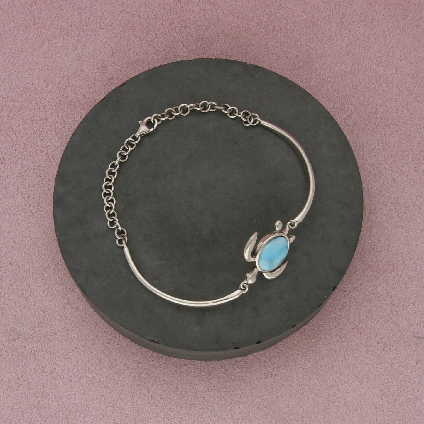 sterling silver blue larimar turtle adjustable length bracelet size 7.75in