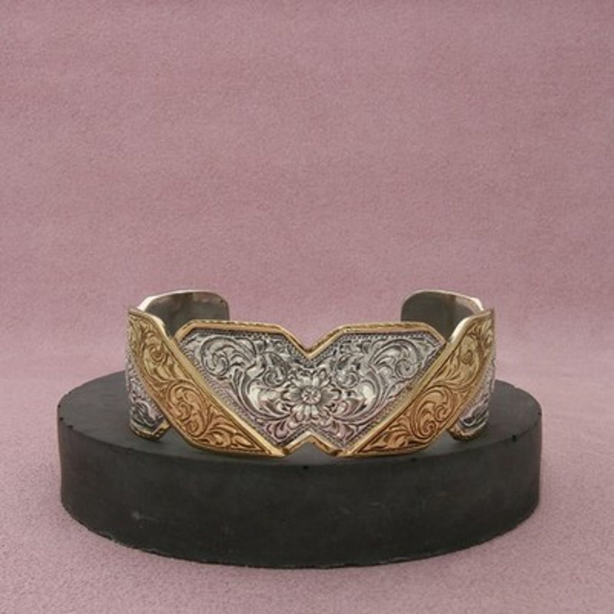 Crumrine Silver & Gold Plated Vintage Etched Floral Cuff Bracelet 6.75in