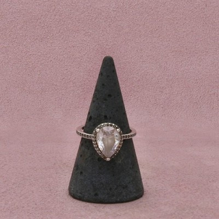 Pandora Sterling Silver Authentic Pear-Cut C Z Beaded Border Ring Size 7.5