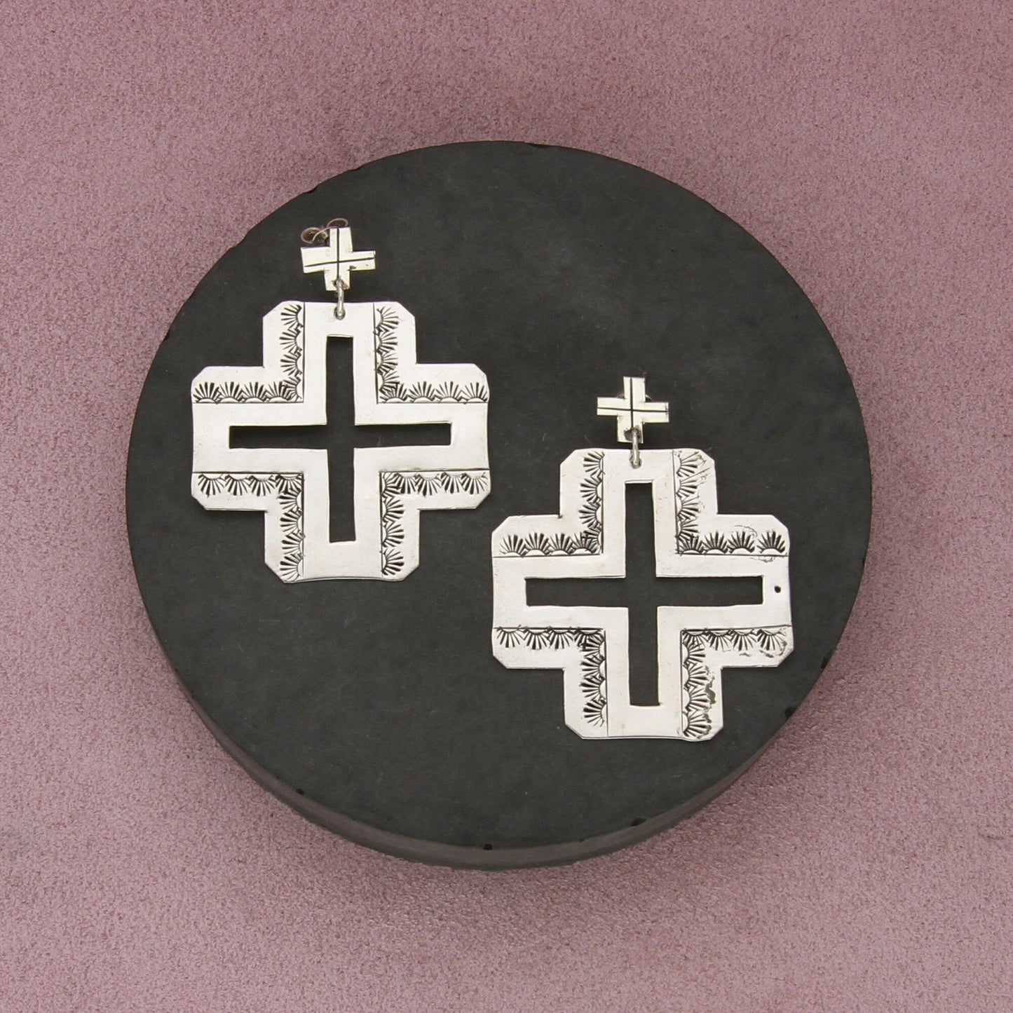 navajo sterling silver vintage large stamped cross dangle post earrings