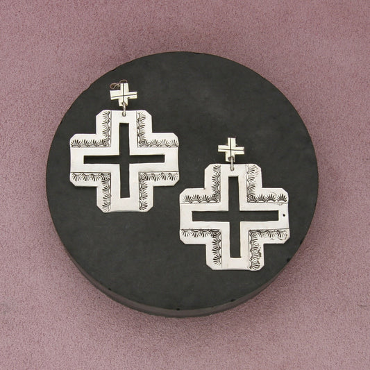 navajo sterling silver vintage large stamped cross dangle post earrings