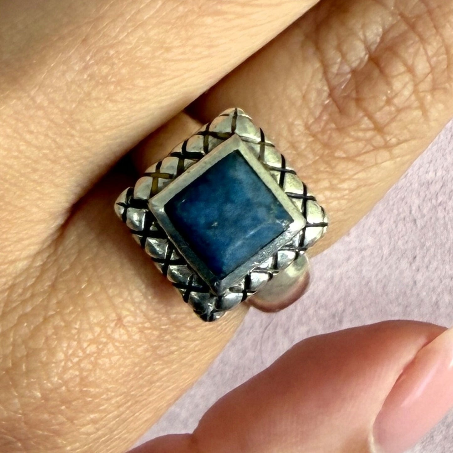 sterling silver quilted pattern lapis lazuli square ring size 6.75
