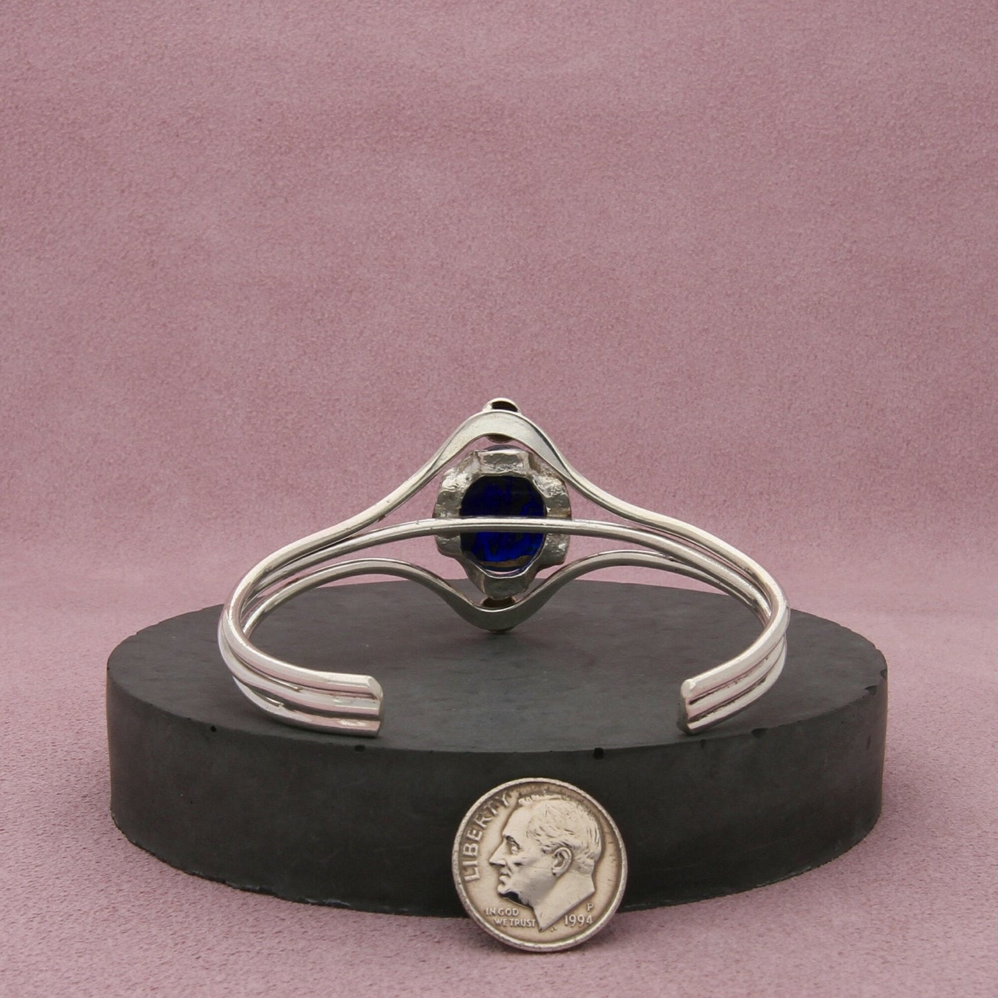 sterling silver vintage blue dichroic glass cuff bracelet size 6.75in