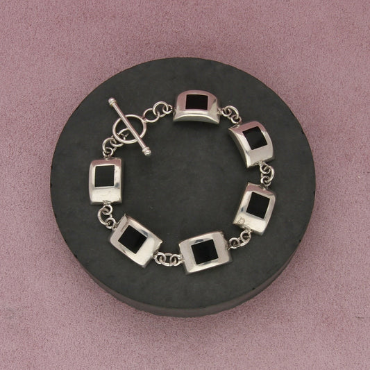 mexico sterling silver vintage onyx square toggle bracelet size 7.5in