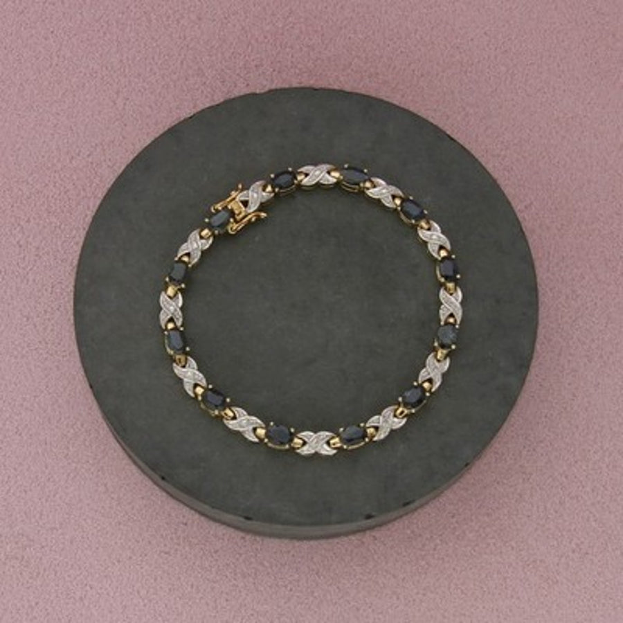 Sterling Silver Gold Plate Blue Sapphire & Diamond Tennis Bracelet Size 7in