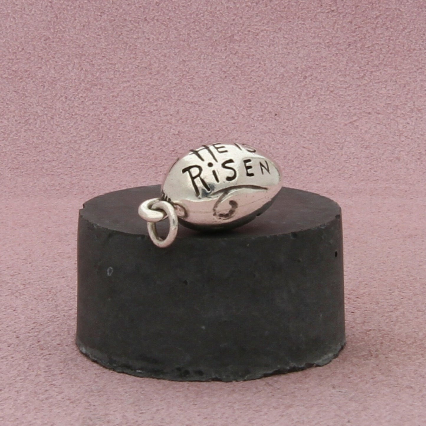 sterling silver vintage he is risen easter egg charm pendant