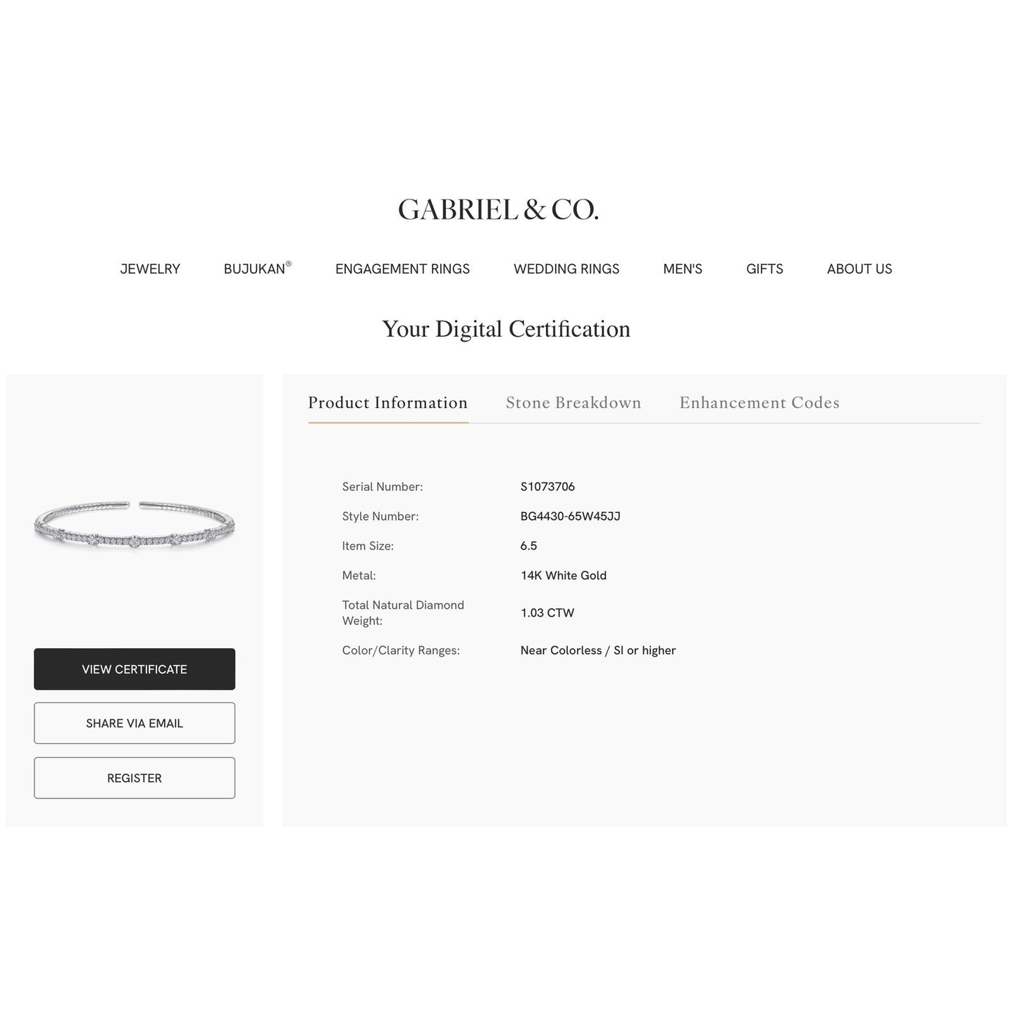 gabriel & co 14k white gold 1.03 ctw diamond lusso demure cuff bracelet 6.5in