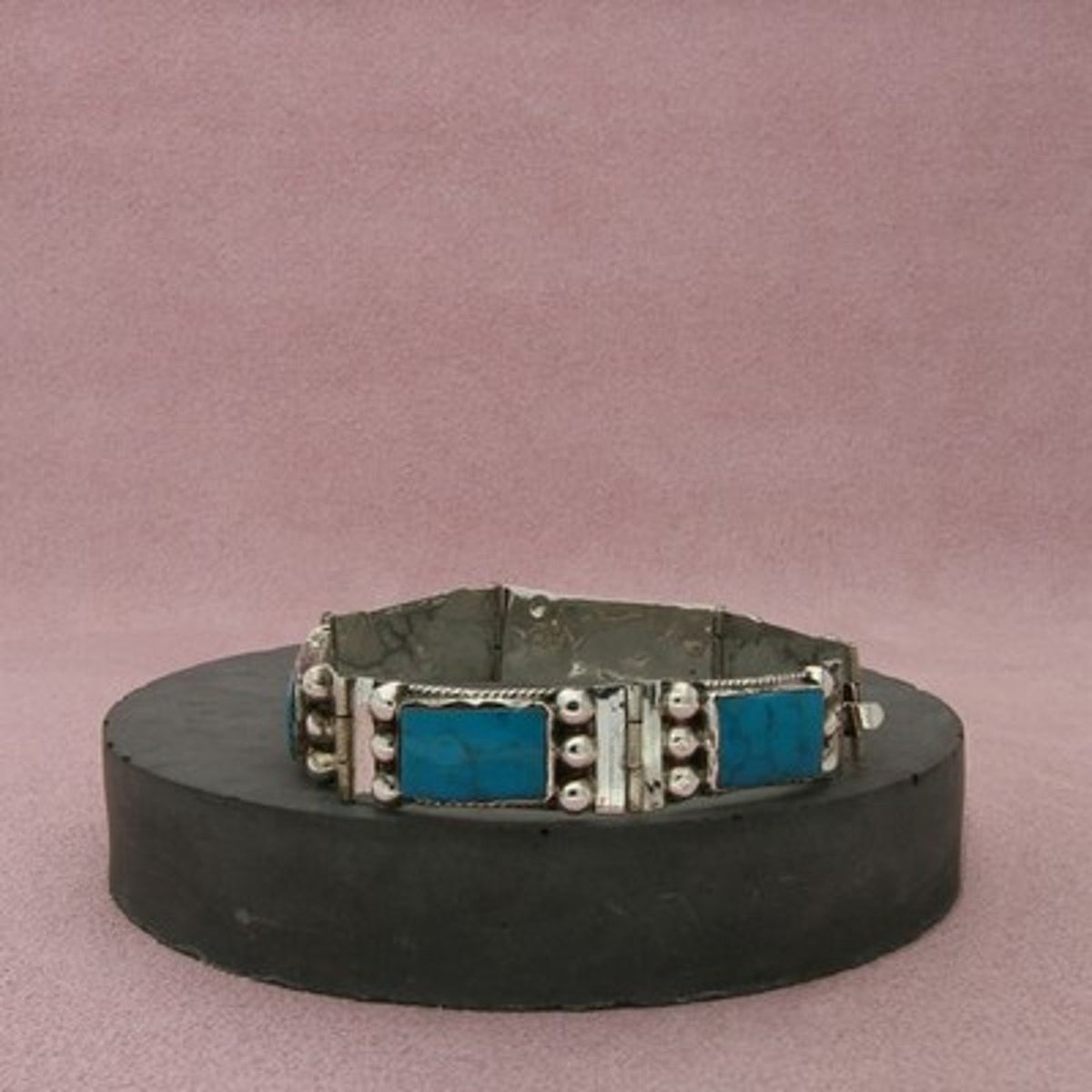 Mexico Sterling Silver Vintage Blue Turquoise Panel Beaded Bracelet Size 6.25in