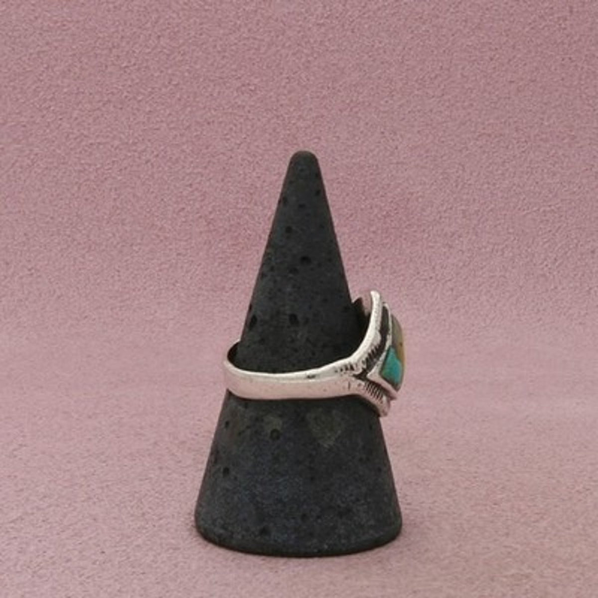 Navajo Sterling Silver Vintage Turquoise Mother-of-Pearl Inlay Ring Size 8.75