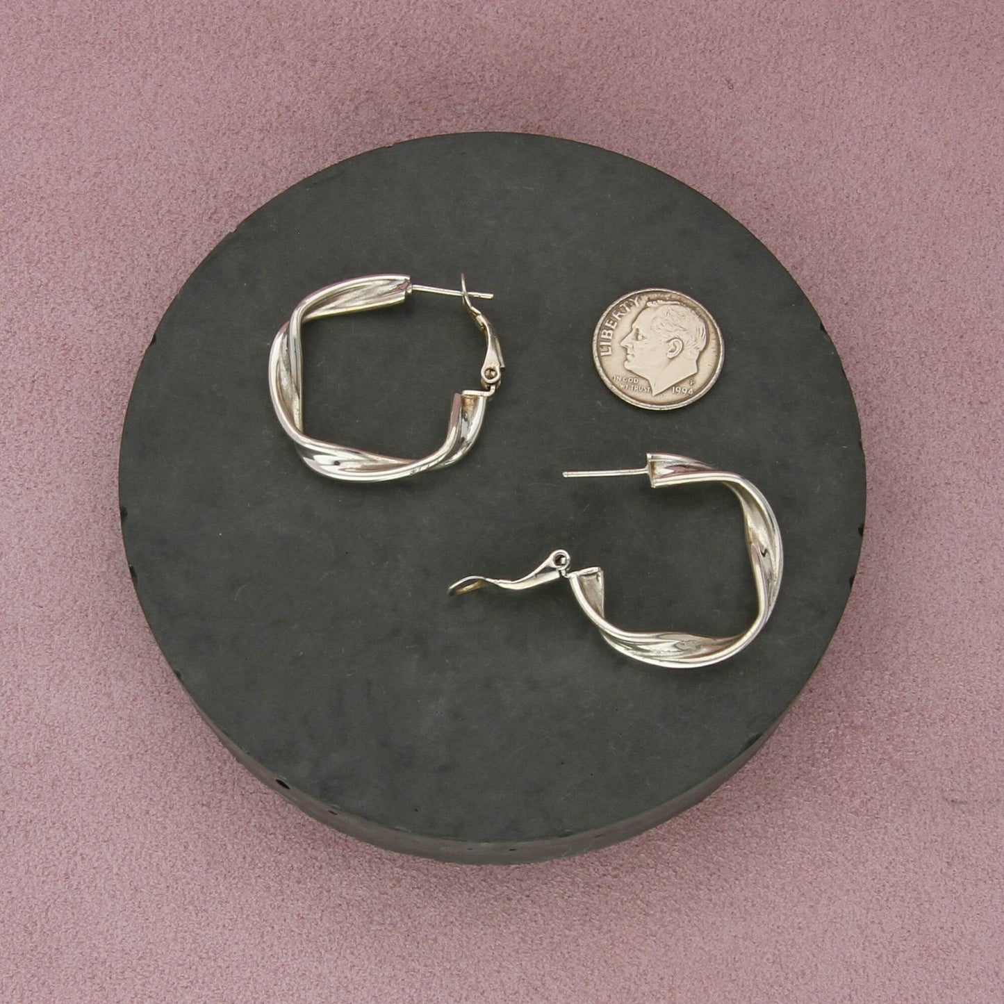 sterling silver vintage 30mm folded clip-post hoop earrings