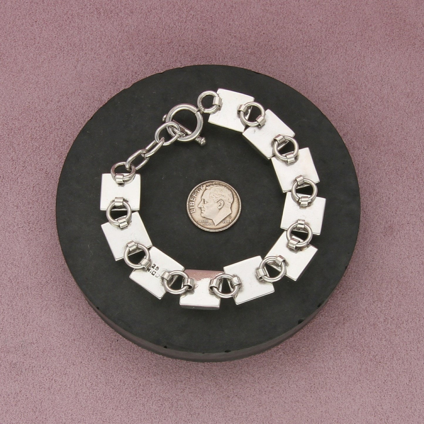 mexico sterling silver vintage onyx square link toggle bracelet size 7.25in
