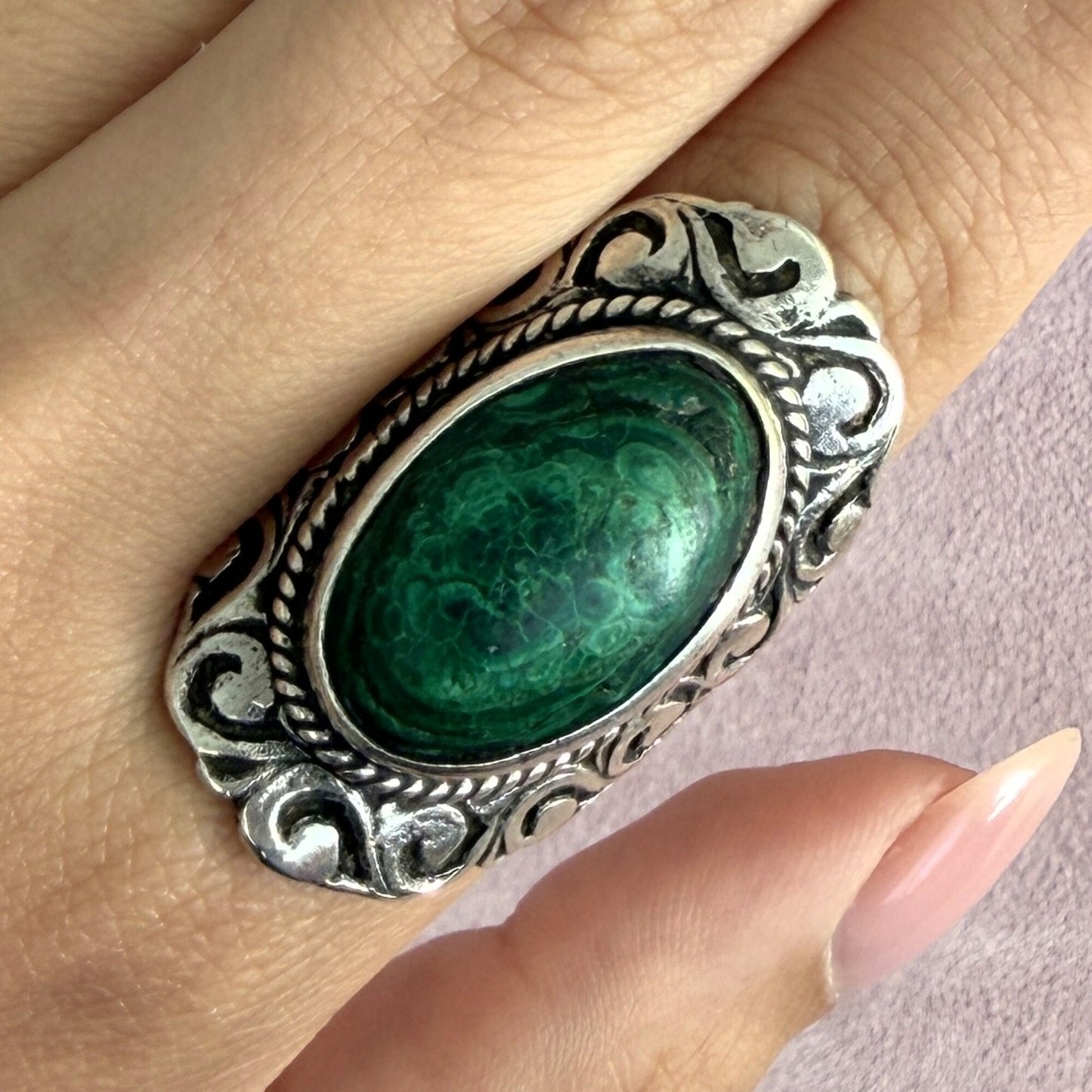 mexico sterling silver vintage elongated malachite scroll ring size 6