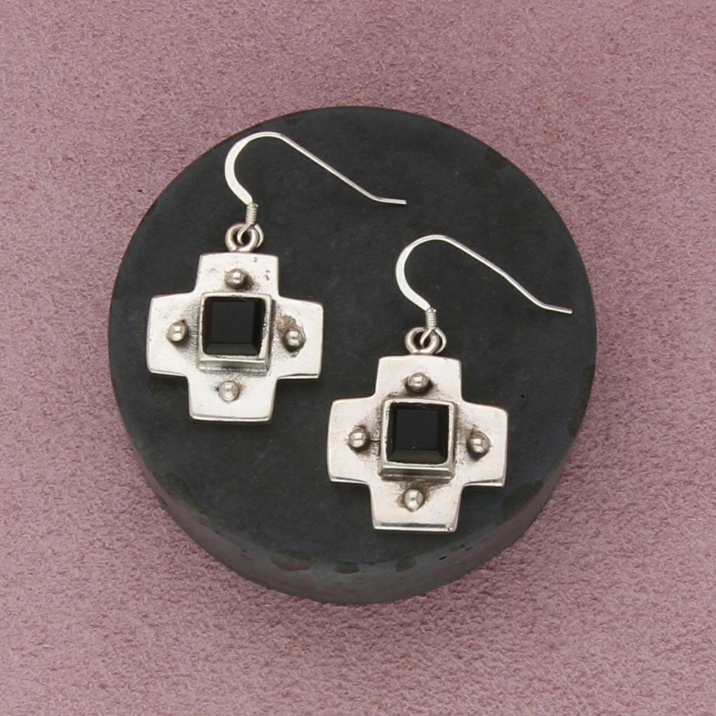 sterling silver vintage onyx beaded cross dangle earrings