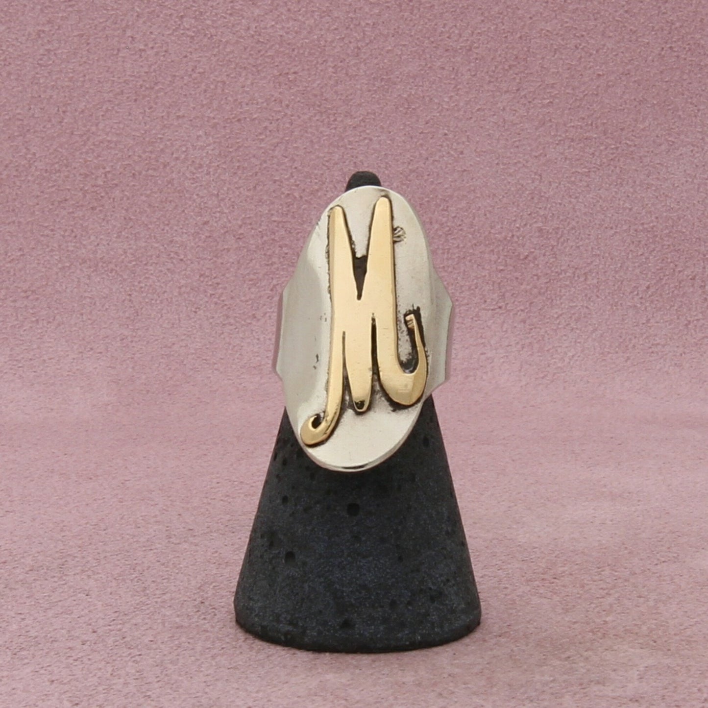 sterling silver vintage gold accent script letter m initial signet ring size 6.5