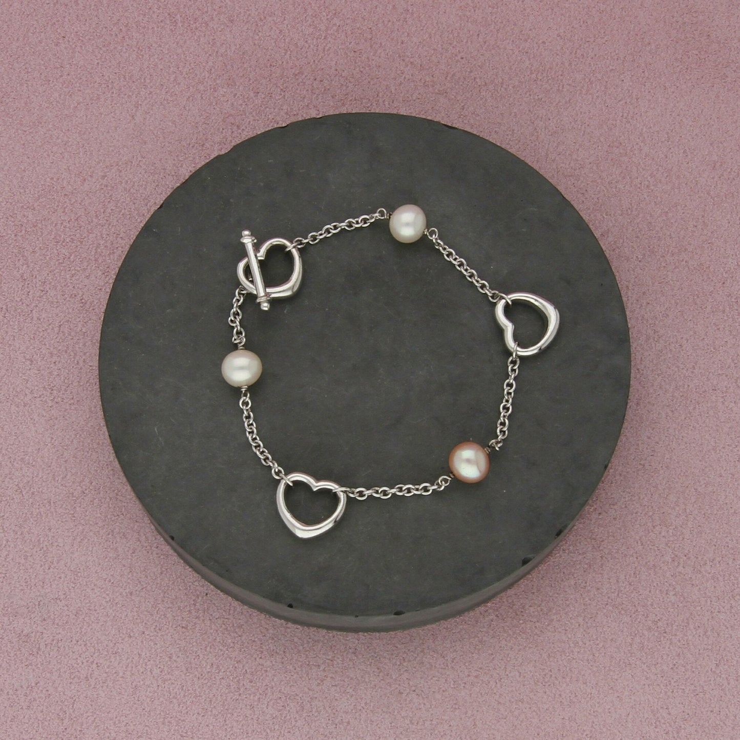 sterling silver pearl & heart station toggle bracelet size 7.5in