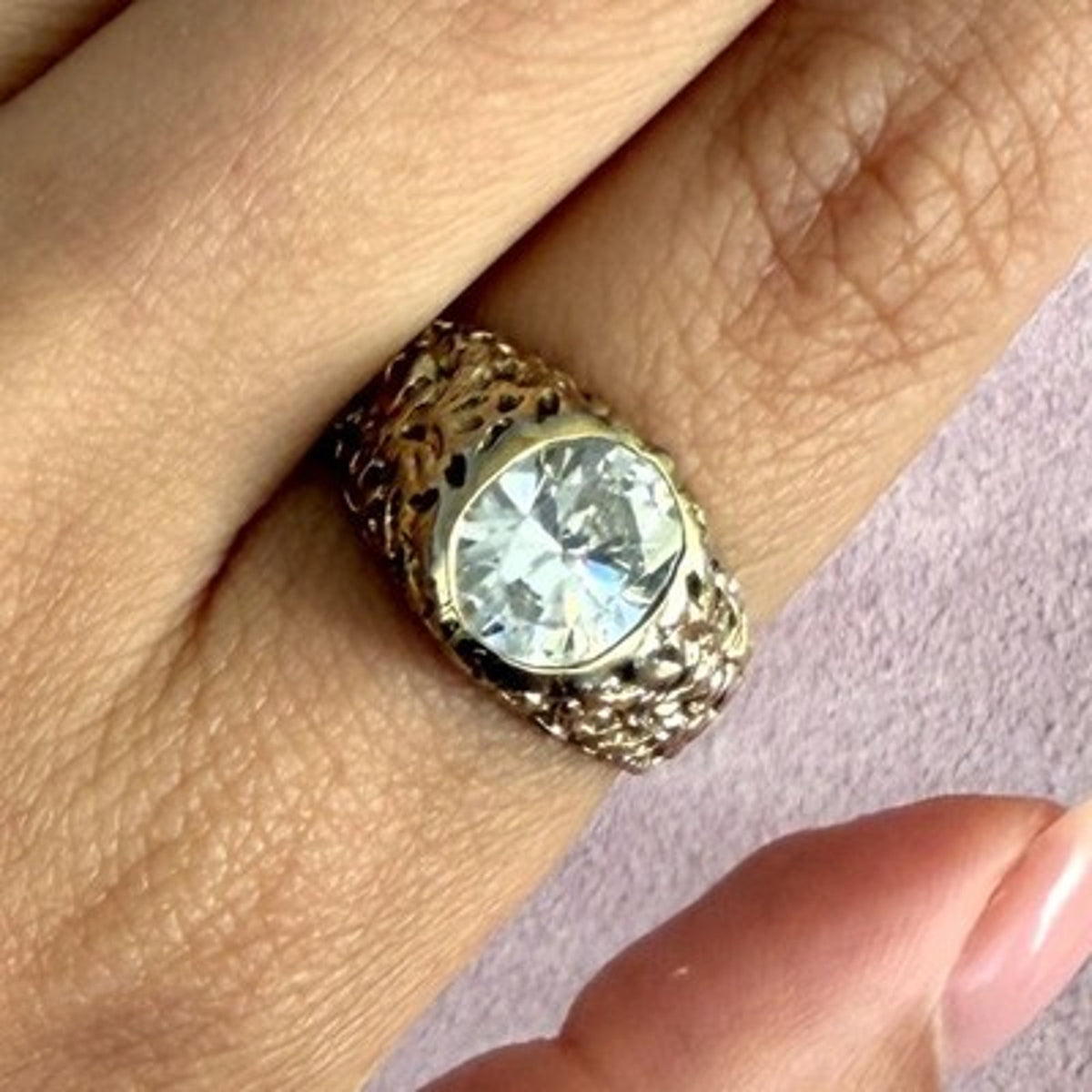 Sterling Silver Vintage Gold Tone Textured Cz Ring Size 8.75