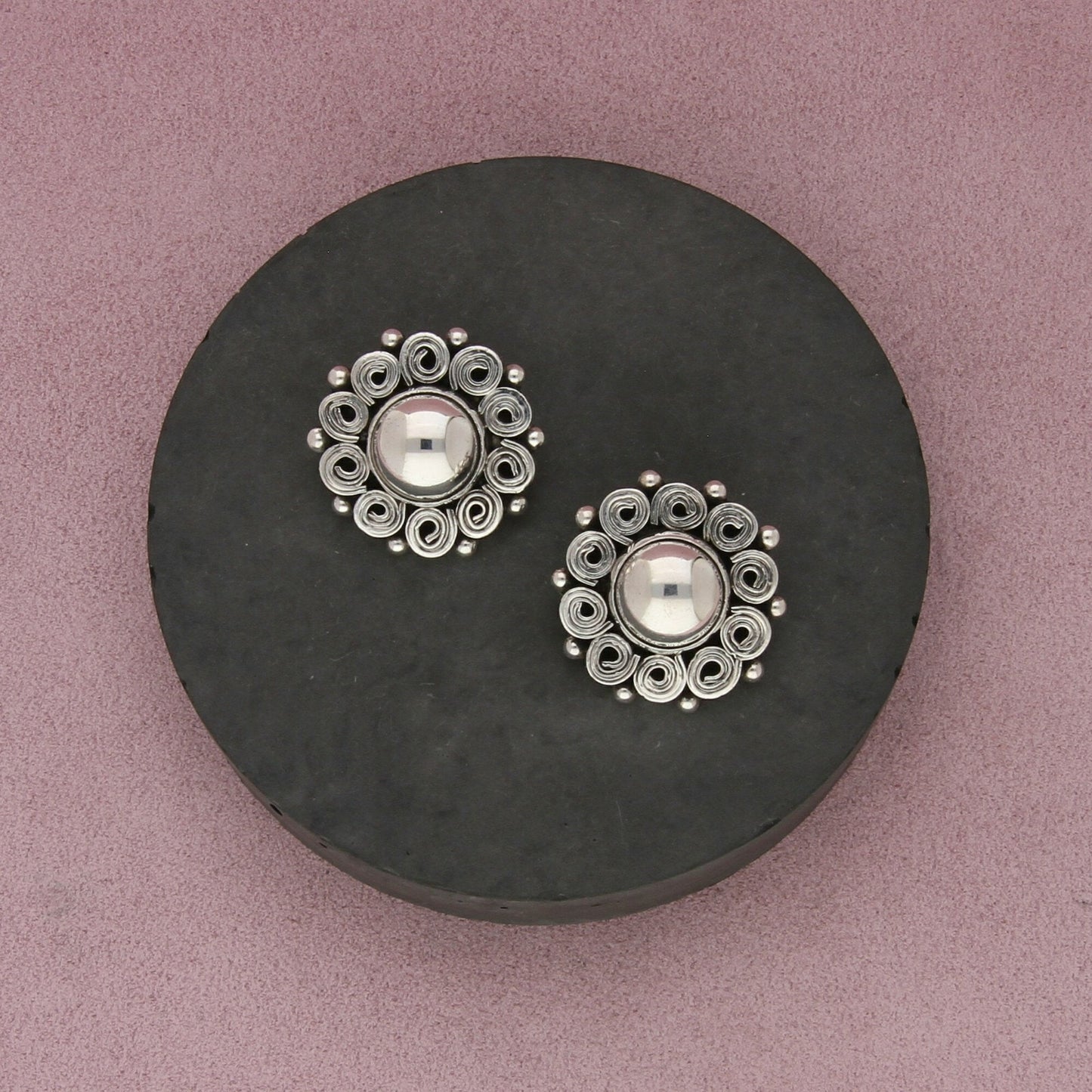 mexico sterling silver vintage swirls dome clip-on earrings