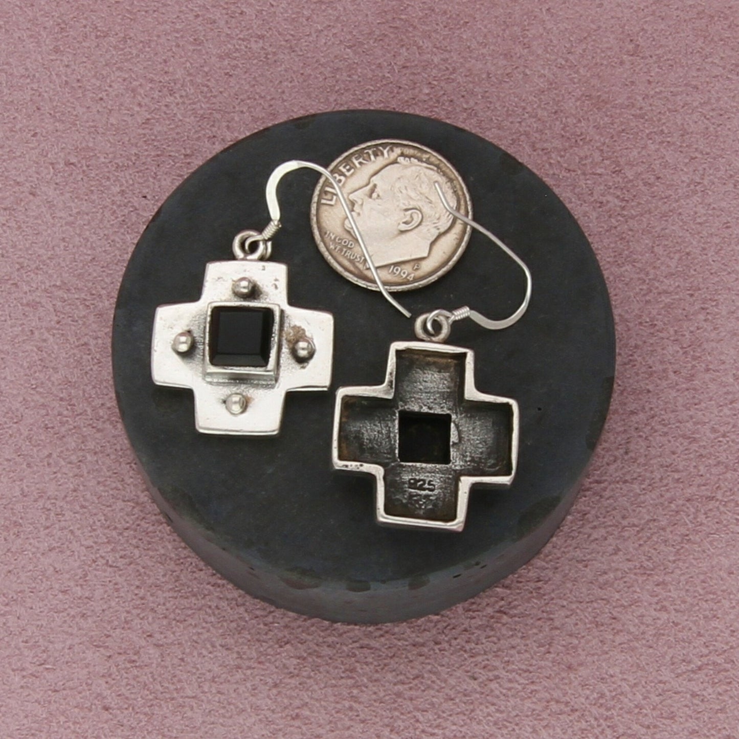 sterling silver vintage onyx beaded cross dangle earrings