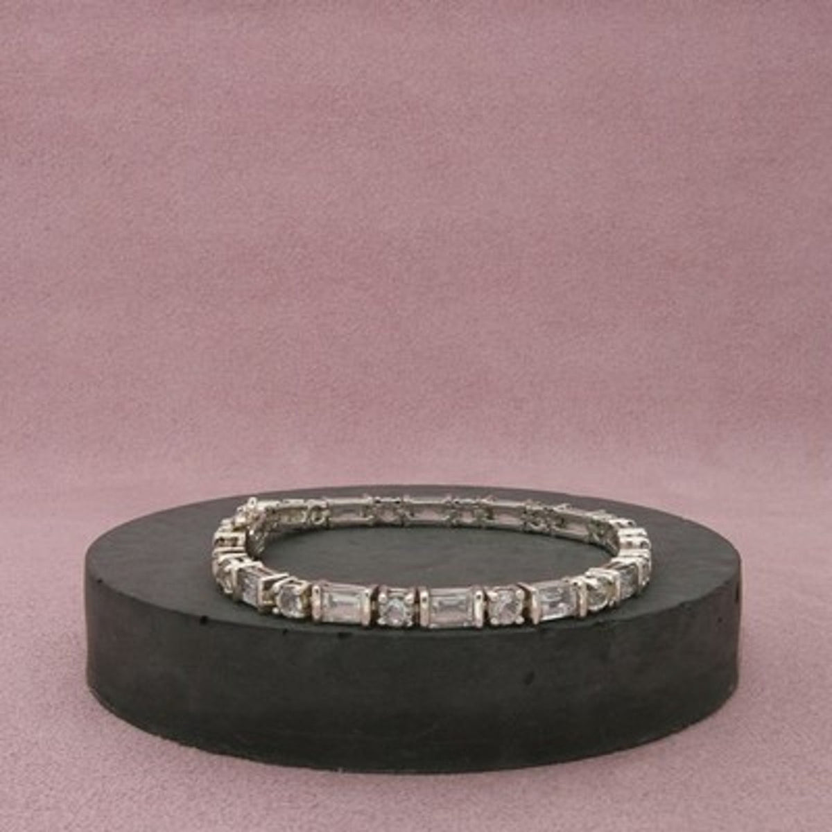 Sterling Silver Baguette & Round C Z Tennis Bracelet Size 7in