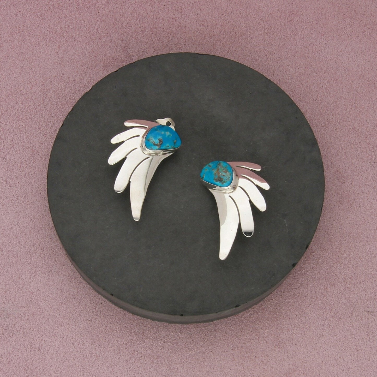 navajo sterling silver vintage signed turquoise wing clip-on earrings