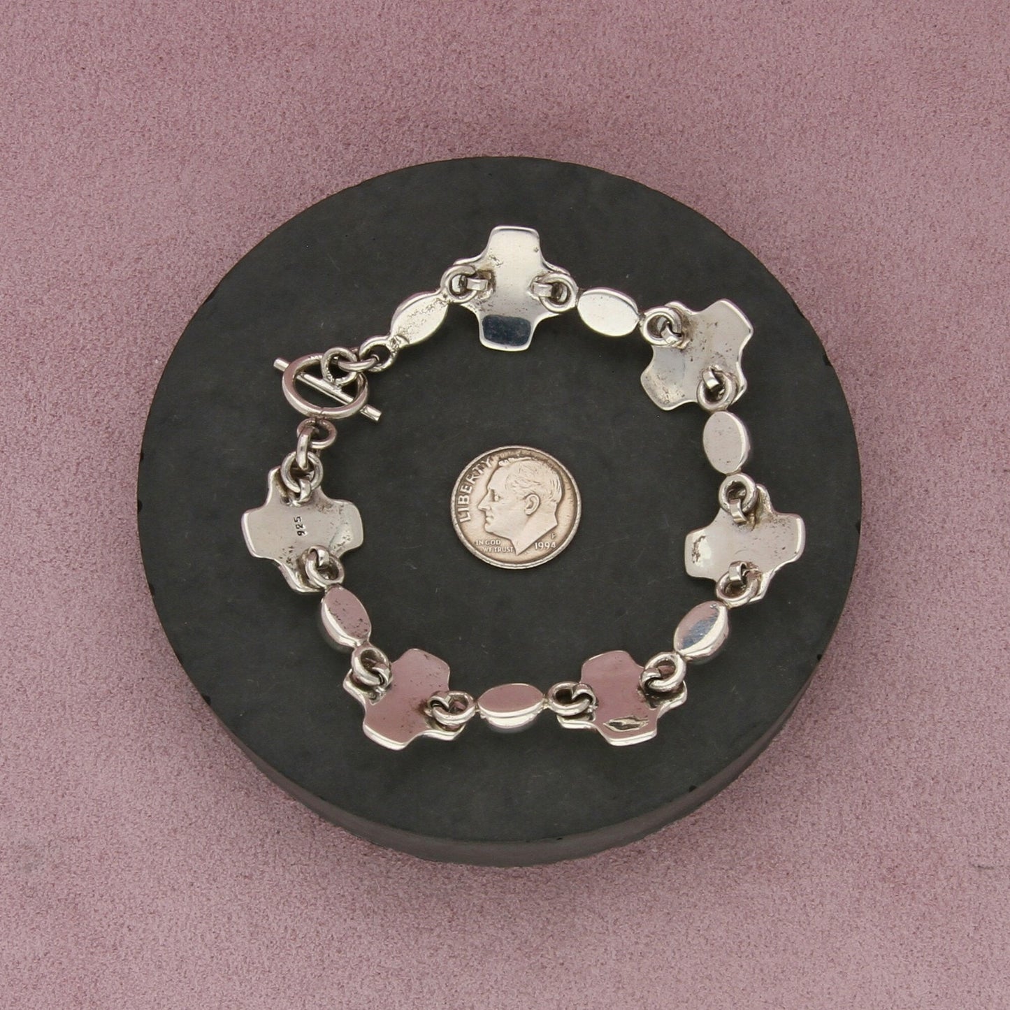 sterling silver black & white beaded cross toggle bracelet size 7in