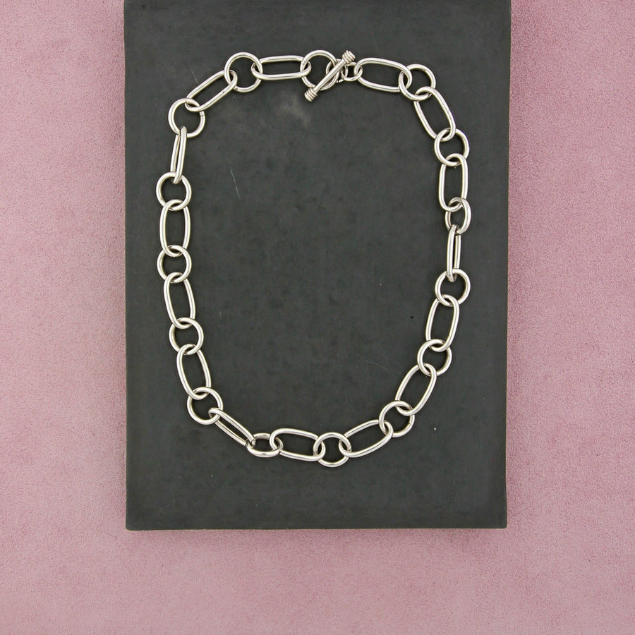 Sterling Silver Vintage Oval & Circle Link Chain Toggle Necklace Size 18in