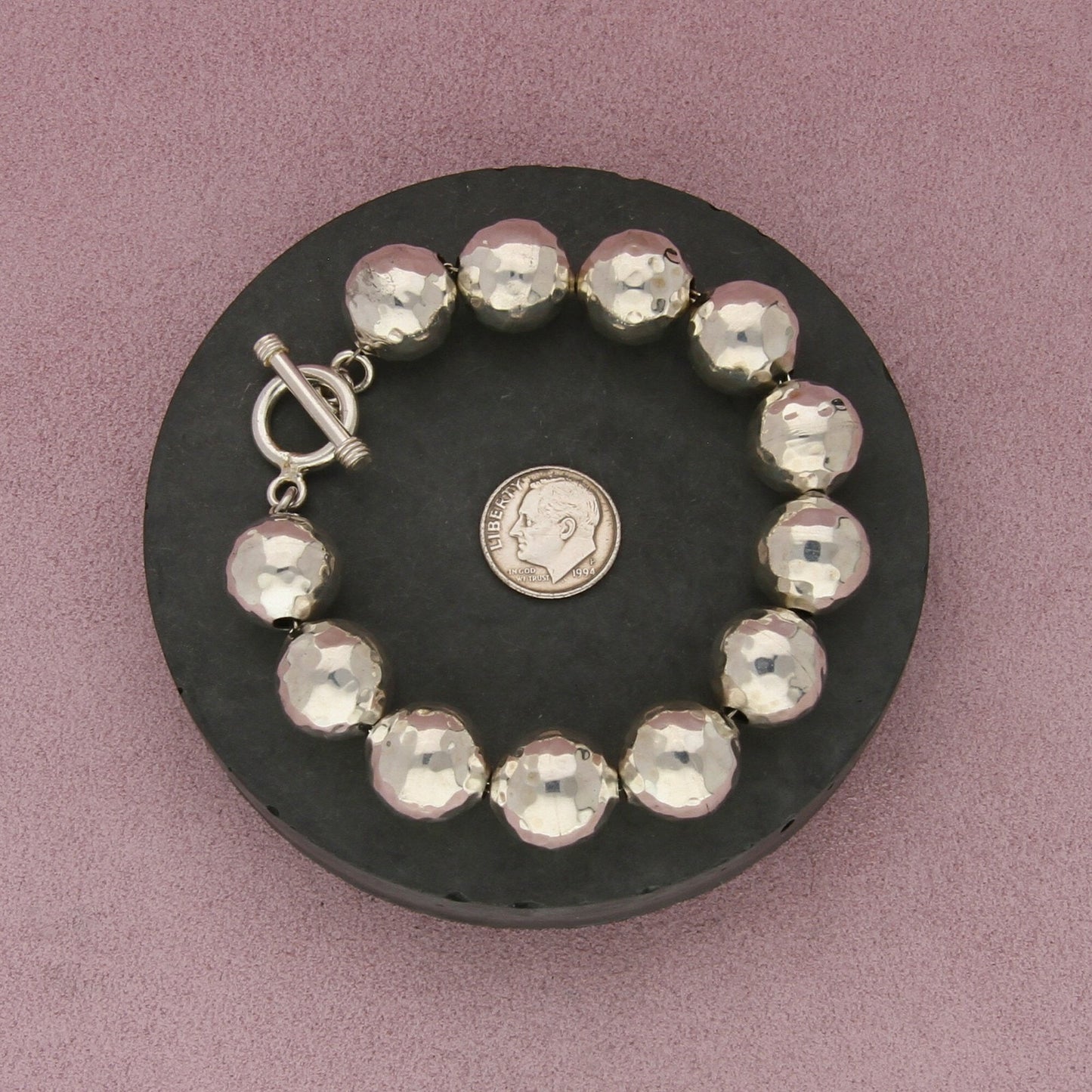 sterling silver hammered bead chain toggle bracelet size 6.75in