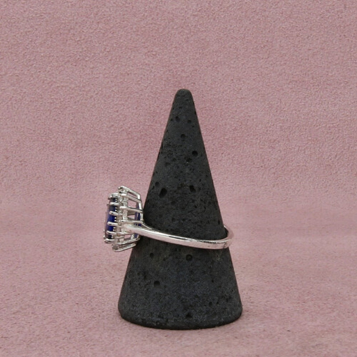 Sterling Silver Blue Spinel & Cz Halo Oval-Cut Prong-Set Ring Size 10