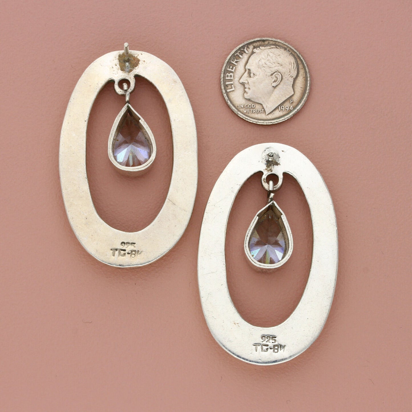 taxco mexico sterling silver vintage pear-cut cz oval post (as-is) earrings