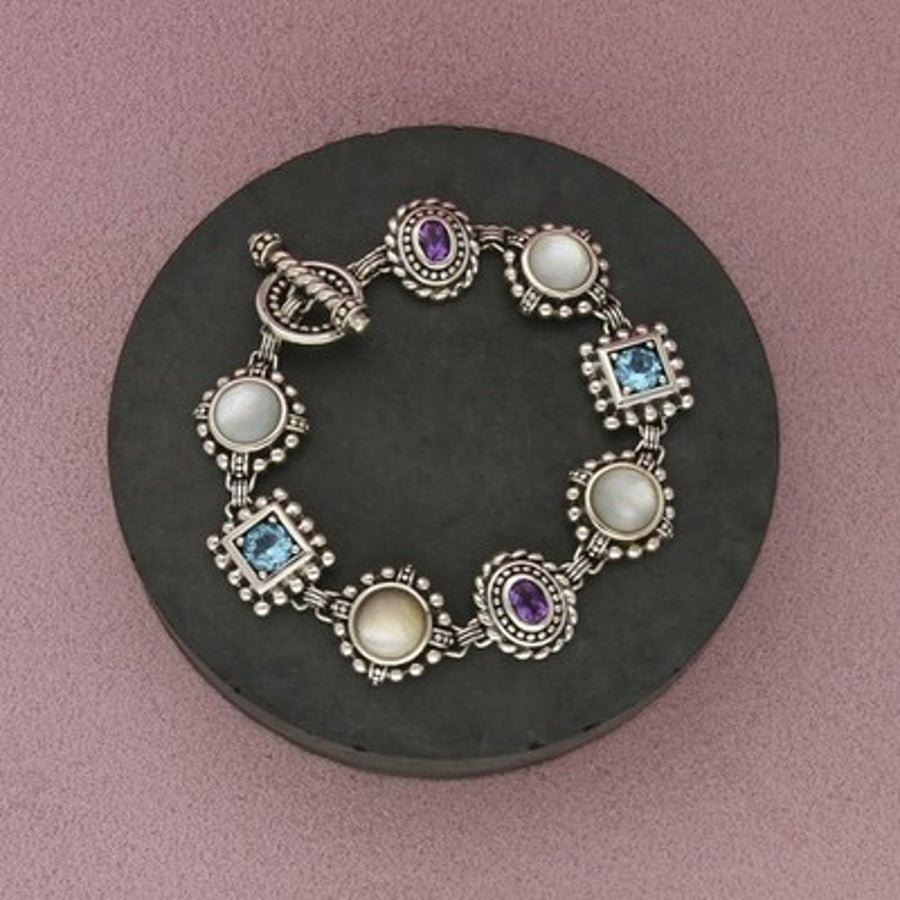 Sterling Silver Amethyst & Topaz Mother-of-Pearl Toggle Link Bracelet Size 7in
