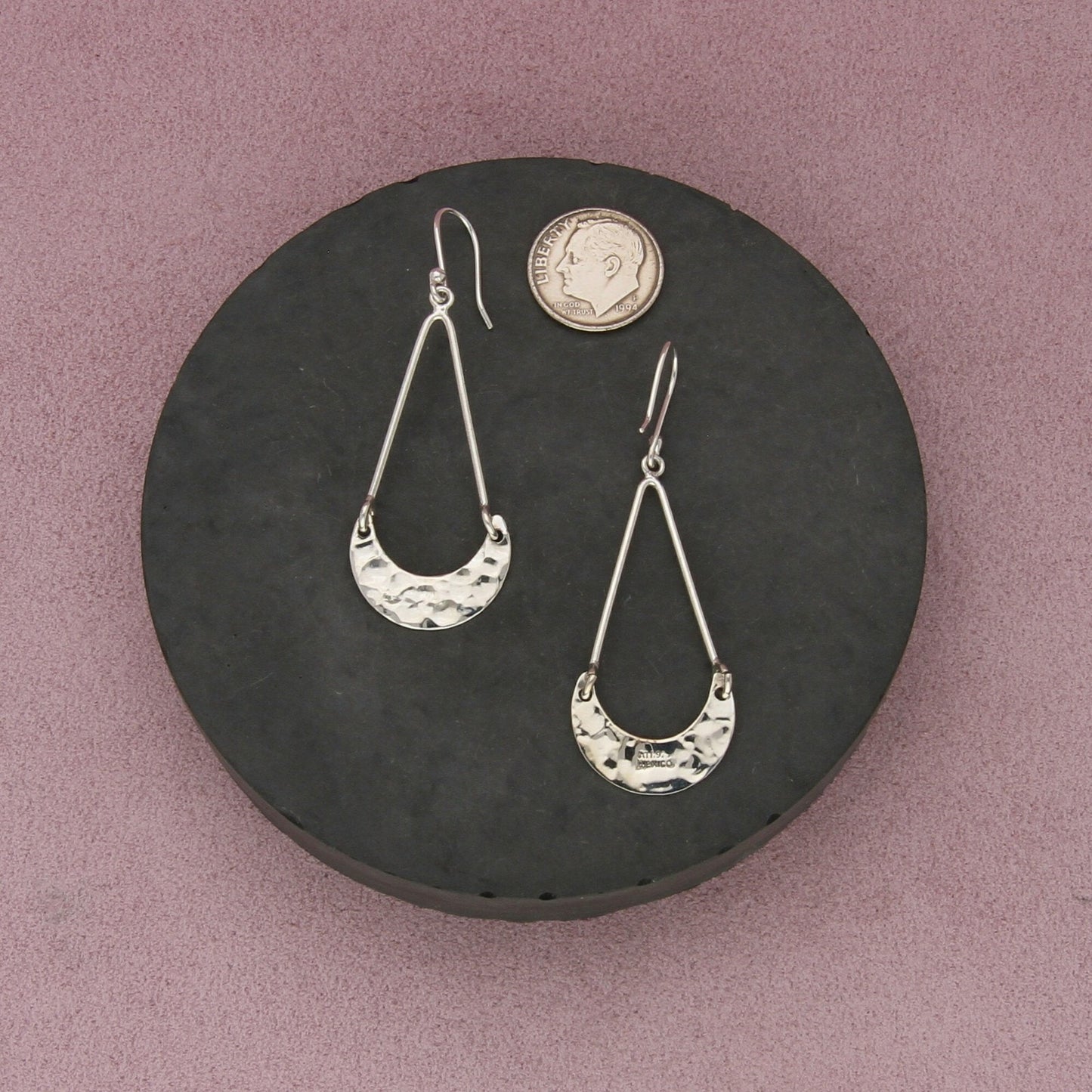 mexico sterling silver hammered crescent dangle earrings
